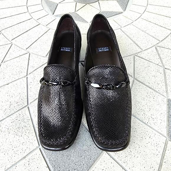 Stuart Weitzman Embellished Textured Patent Leather Heel Loafers 7 - Picture 3 of 11